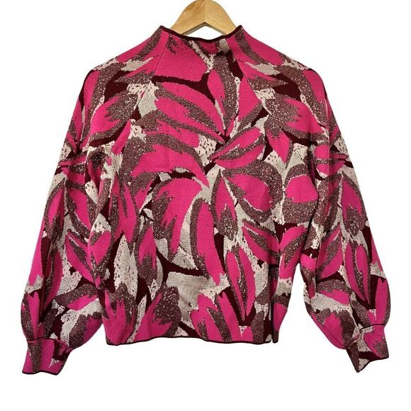 Anthropologie The Beatriz Mock Neck Sweater Size S Pink Combo Cropped Soft Knit - Picture 2 of 6